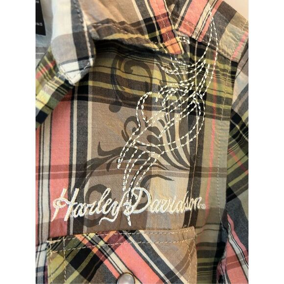 VTG Y2K Harley Davidson Madras Plaid Appliqué Full Zip Shirt Jacket sz M shacket - Picture 8 of 10